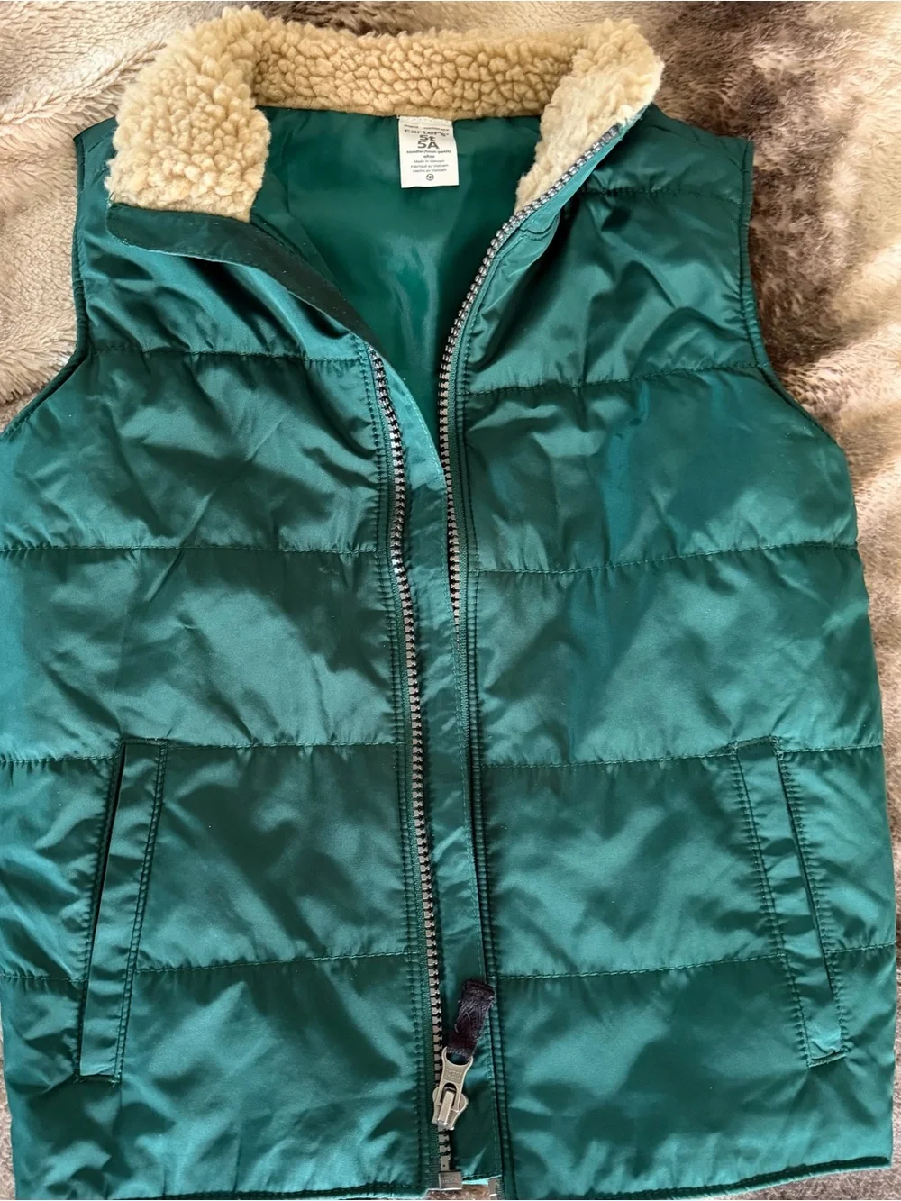 Kids Green Sherpa-Lined Puffer Vest with Button up shirt